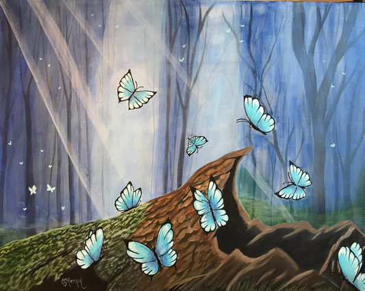 Blue Butterflies in a Misty Forest